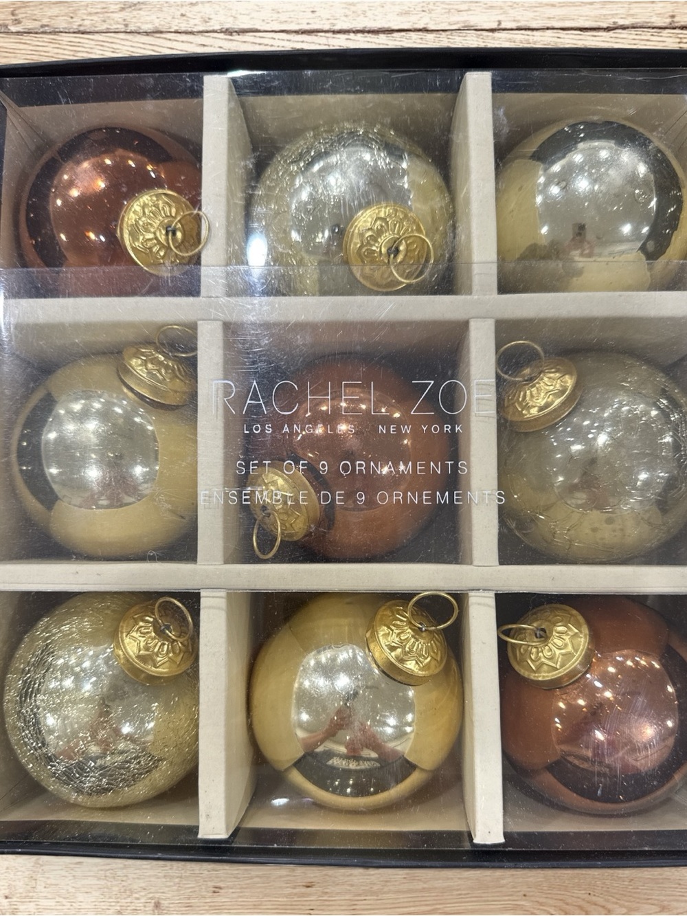 Rachel Zoe Mercury Glass Christmas Ornaments 9pc Gold Silver Copper